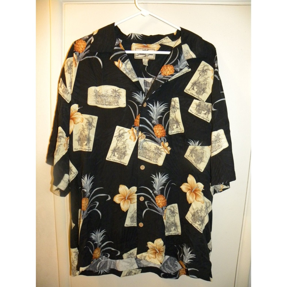 JAMAICA JAXX True Island Style Palm Tree Pineapple Black Mens Silk Shirt L/G